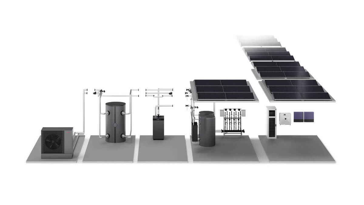 Abbildung eines Solaranlagen-Systems mit mehreren Komponenten in dunklen Farben.