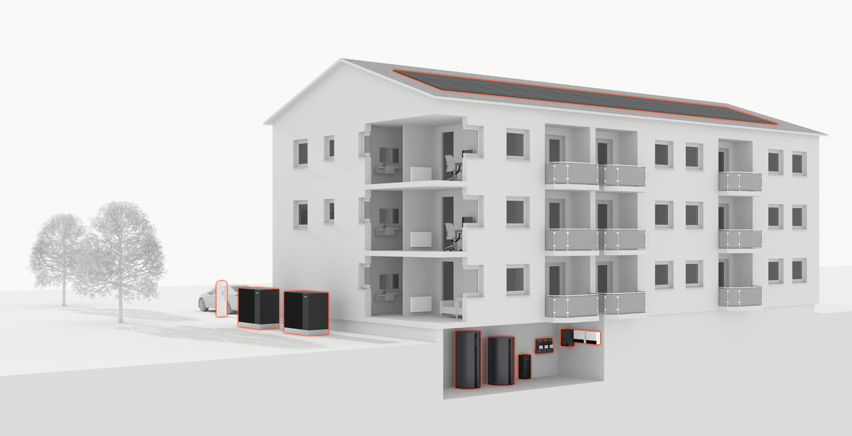 Ein weißes Gebäude mit Balkonen, Bäumen und Energietechnologie-Anlagen im Vordergrund.