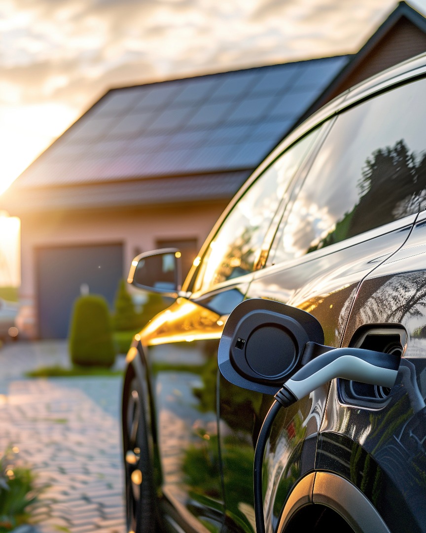An electric car charging outside a modern home with solar panels, beautifully lit by the setting sun, highlighting eco-friendly living.