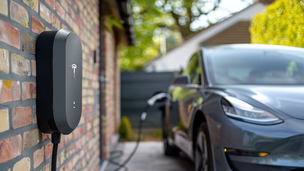 An electric car parked a home wall EV charger