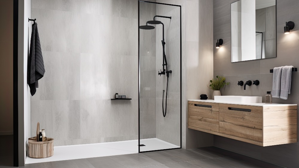 minimal design walk shower are simplicity, functionality, and clean lines with a focus on natural materials and subdued colors - Generated AI