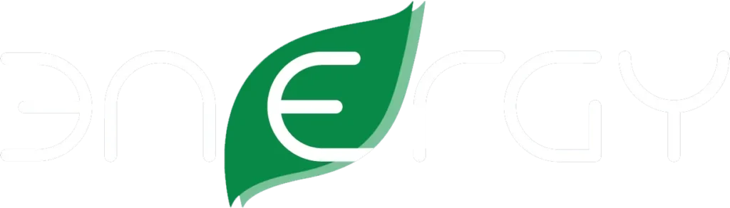 Wort "Energy" mit grünem Blatt, ersetzt mittleres "E", symmetrisch gestaltet.