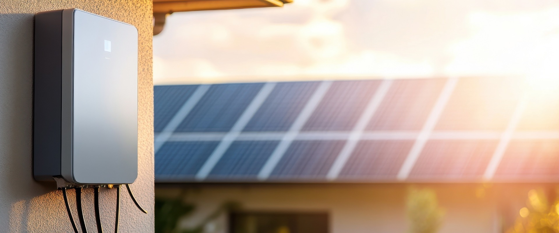 Ein modernes Solarmodulsystem, das erneuerbare Energien nutzt, mit einem Batteriespeicher vor einem sonnenbeschienenen Hintergrund.
