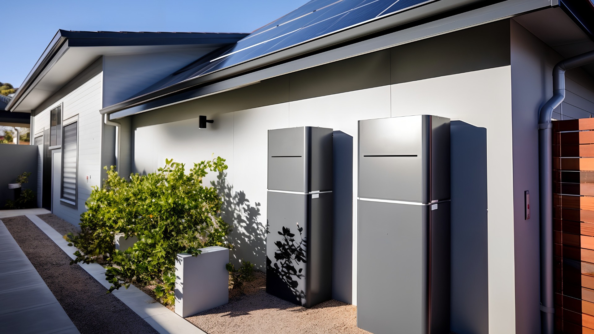 Photovoltaik-Panel und Batterie-Installation an der beigen weißen Wand lehnend, ohne Menschen, erneuerbare Energie