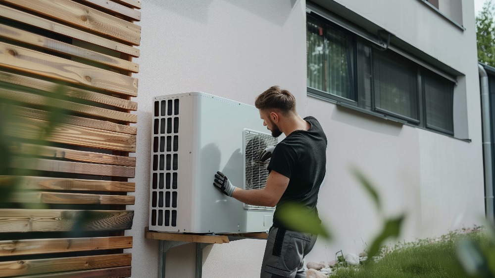 Ein professioneller Techniker installiert sorgfältig eine moderne Wärmepumpe vor einem Haus mit Sonnenkollektoren auf dem Dach