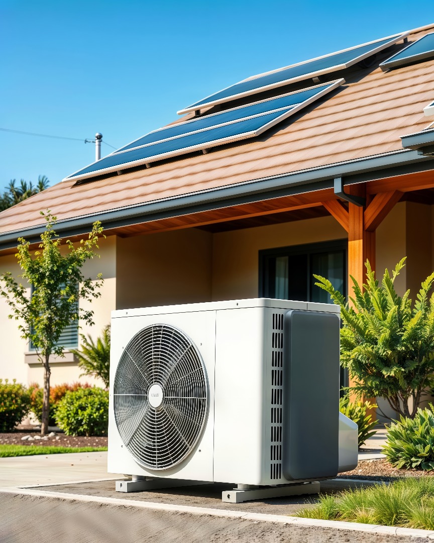 Nachhaltiges Haus. Ein modernes Haus mit Sonnenkollektoren, einer Wärmepumpe und einer Ladestation für Elektrofahrzeuge.